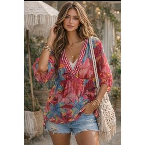 Bohemian Floral V-Neck Tunic - Red and Blue